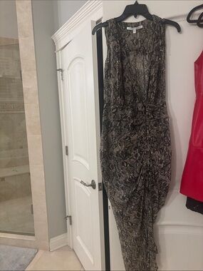 Veronica Beard Sleeveless Snake-Print Midi Dress in Black and Tan